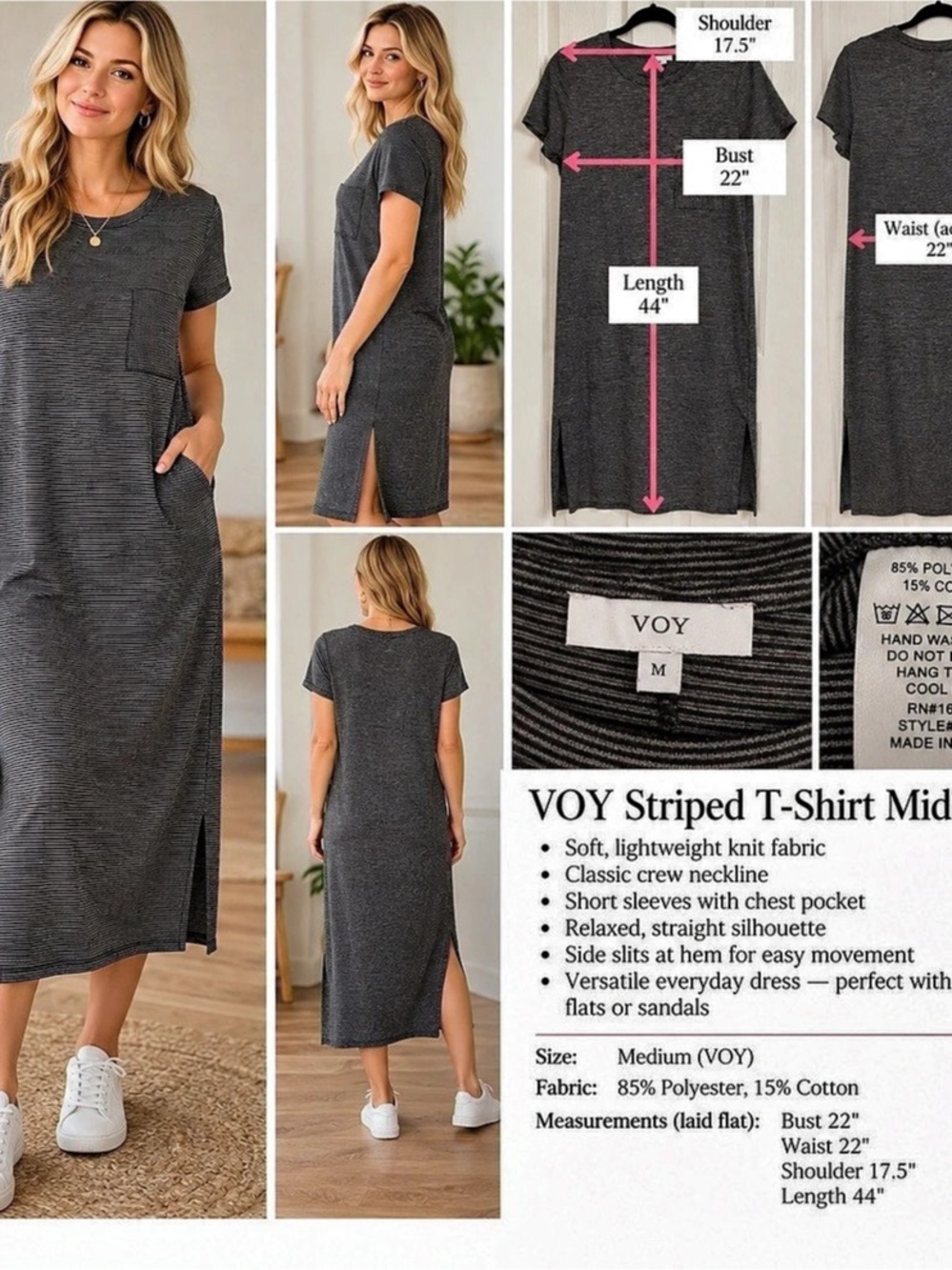 VOY Striped T-Shirt Midi Dress Striped Midi Dress in Gray & Black Size Medium #1